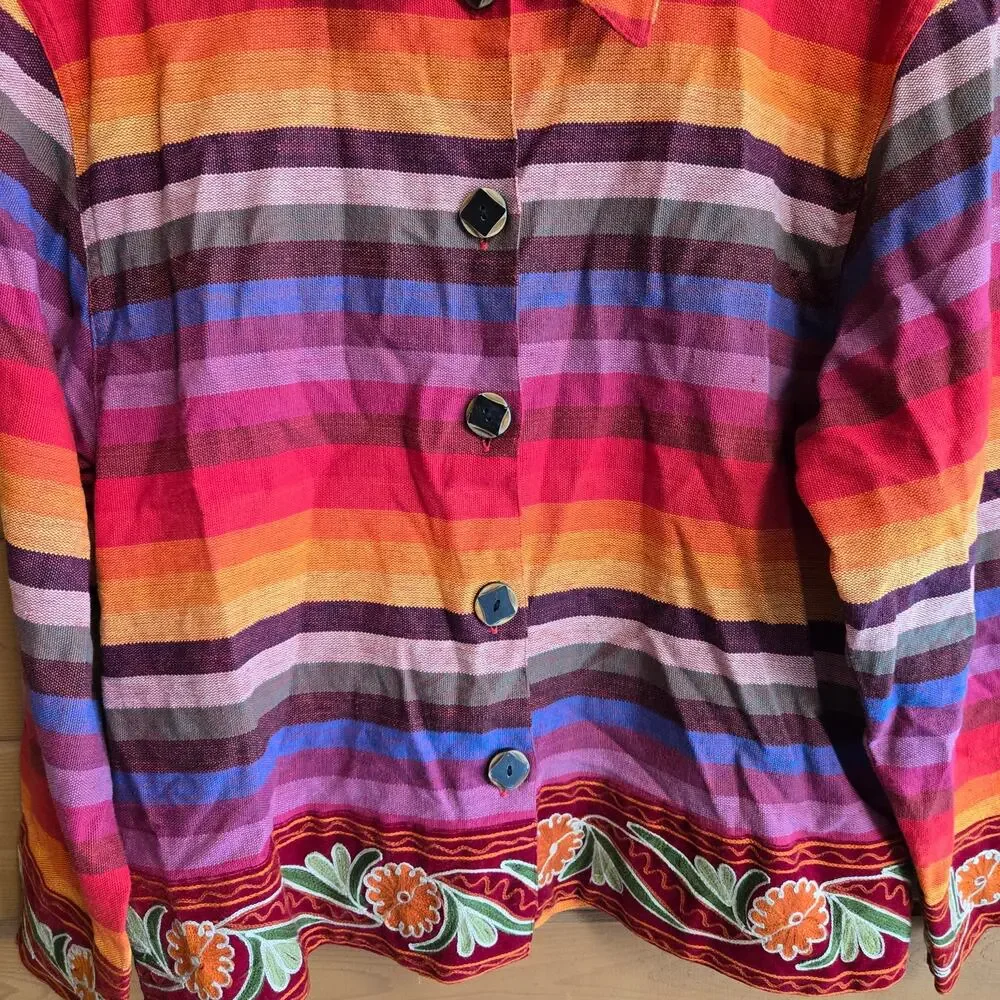 Vintage Rainbow Striped Jacket Y2K Serape Button Up Shacket Boho Southwestern S